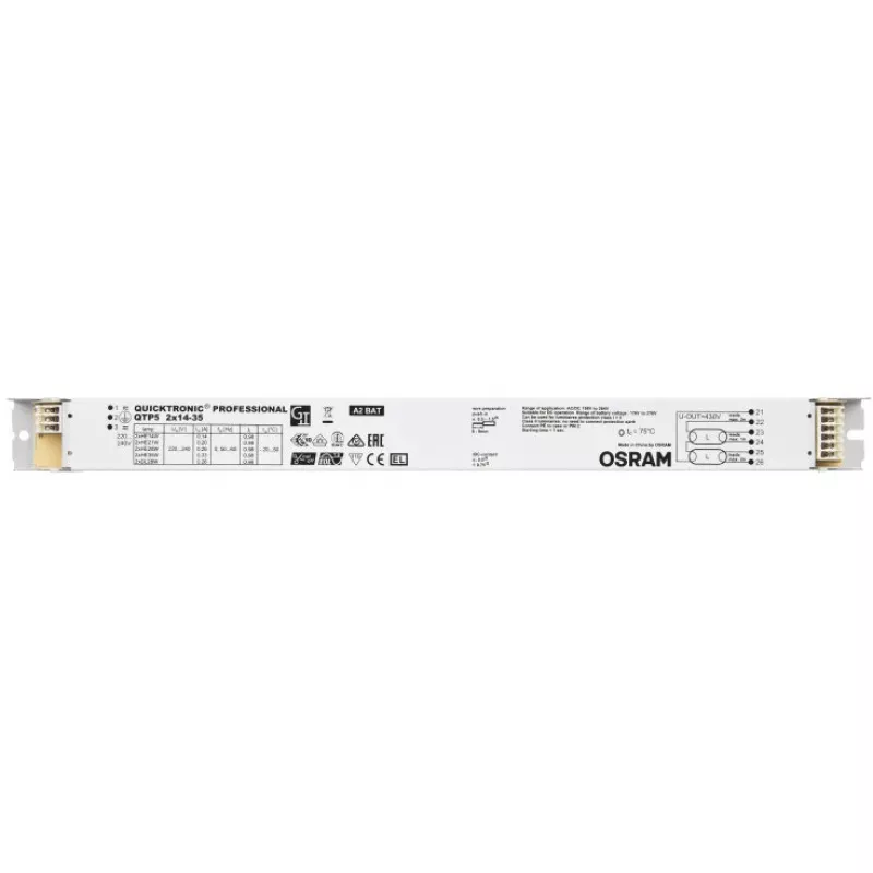 Statecznik/sterownik LED Osram QTP5 2X14…35, żywotność 100000 h, napięcie wejściowe 198–264 V, 50/60 Hz, 24 A, -20–50 °C, 30×360×21 mm