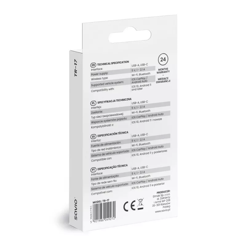 Bezprzewodowy nadajnik audio Savio TR-17 Bluetooth USB 10 m Czarny