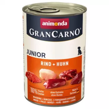 Mokra karma dla psa animonda GranCarno Oryginalny Junior — Wołowina i kurczak, puszka 400 g, na okres wzrostu, bezglutenowa i bez soi