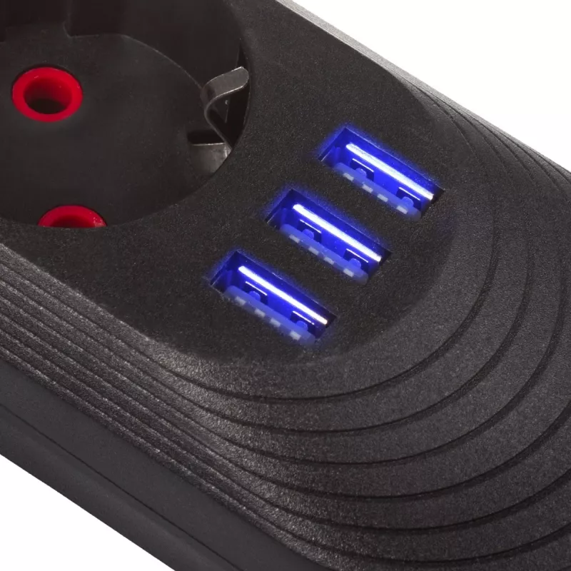 Listwa zasilająca MACLEAN MCE394 B — 3 gniazda + 3×USB A, 110–240 V, USB 2,1 A, 2500 W, kabel 1,5 m, czarna