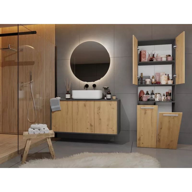 Szafka łazienkowa Top e Shop NEL 2K DK ANT/ART KP — grafit/dąb, wolnostojąca, 600×300×1740 mm, 3 półki