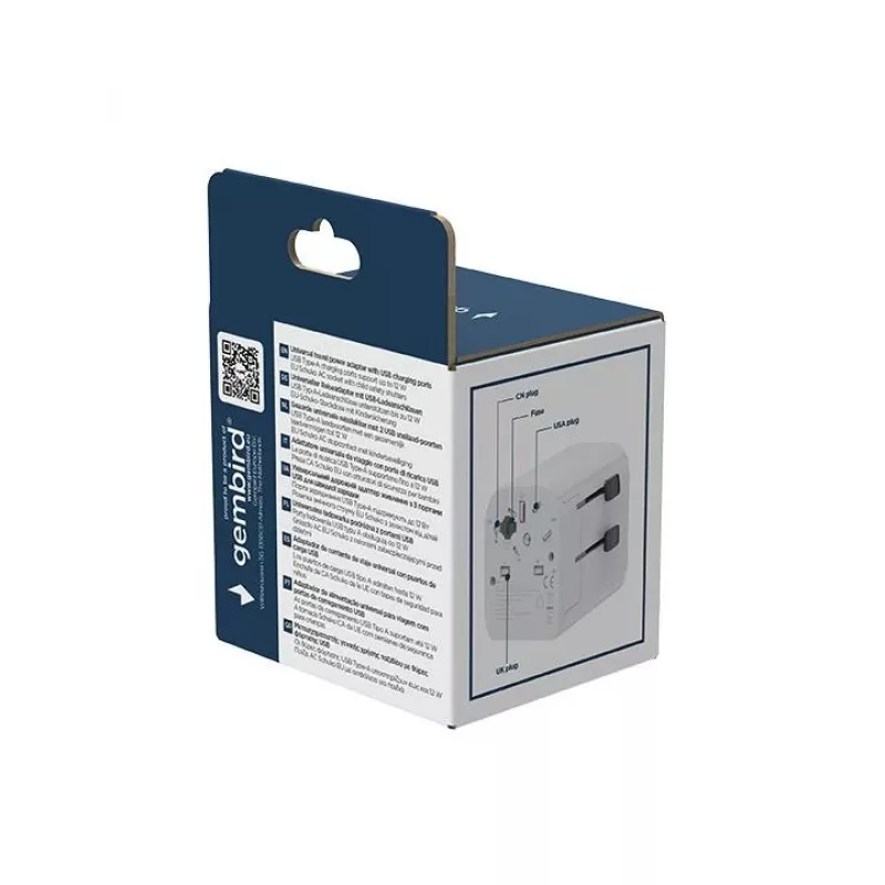 Uniwersalny adapter podróżny GEMBIRD TPA-EU2A12-01-W 12 W zasilacz USB do gniazdek międzynarodowych
