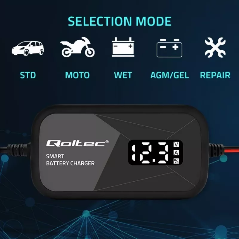 Ładowarka akumulatorów QOLTEC 52492 12V 2A z kontrolą mikroprocesorową i regeneracją ogniw