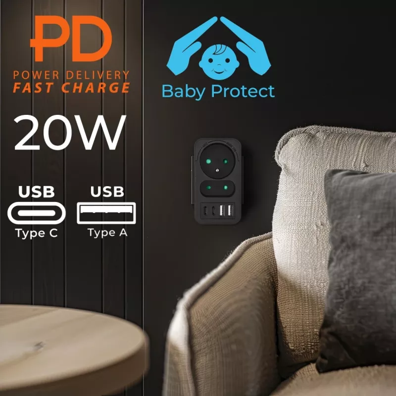 Rozgałęźnik zasilania MACLEAN MCE249 F/B — 2 gniazda AC (16A + 6A) z 2×USB-A i 2×USB-C PD 20W, wtyk EU, czarny