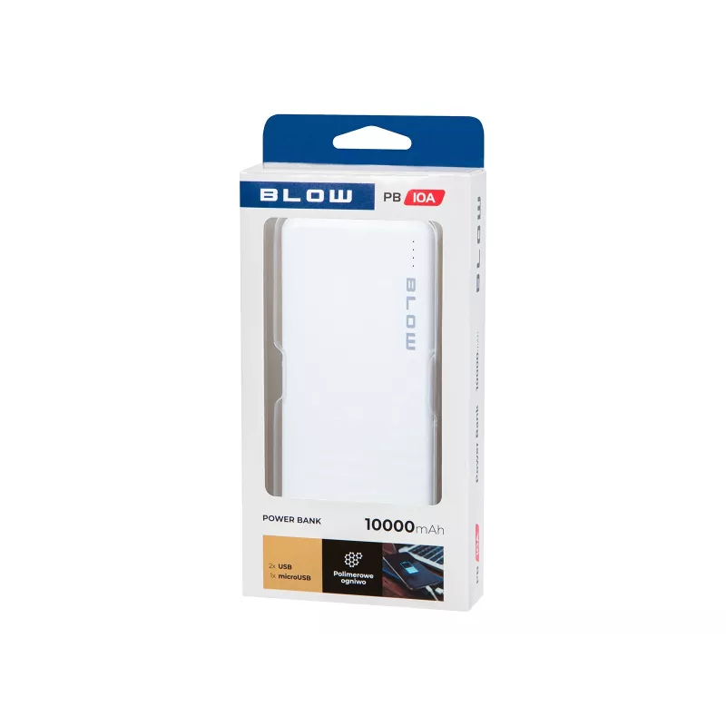Przenośna ładowarka power bank BLOW PB10A 10000mAh (37Wh), 2 wyjścia USB-A, 22,5W łącznie, wejście Micro-USB, bateria polimerowa