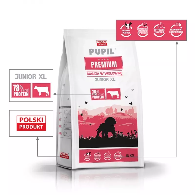 PUPIL Premium Junior Large and extra large breeds Bogata w wołowinę - sucha karma dla psów - 12 kg