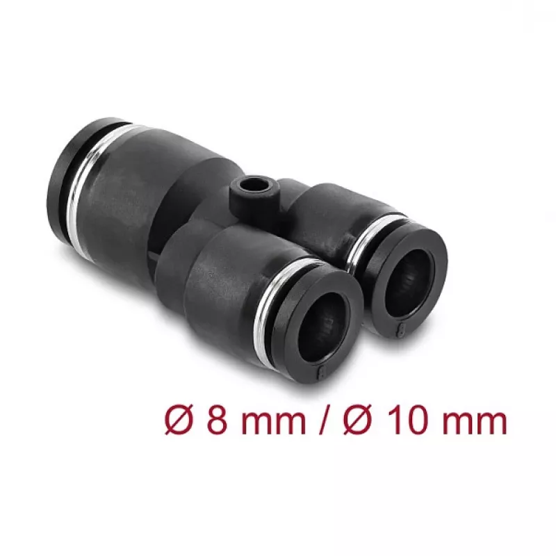 Pneumatyczny łącznik Y DELOCK 2×8 mm → 1×10 mm z otworem montażowym, metal/tworzywo sztuczne, 44 mm