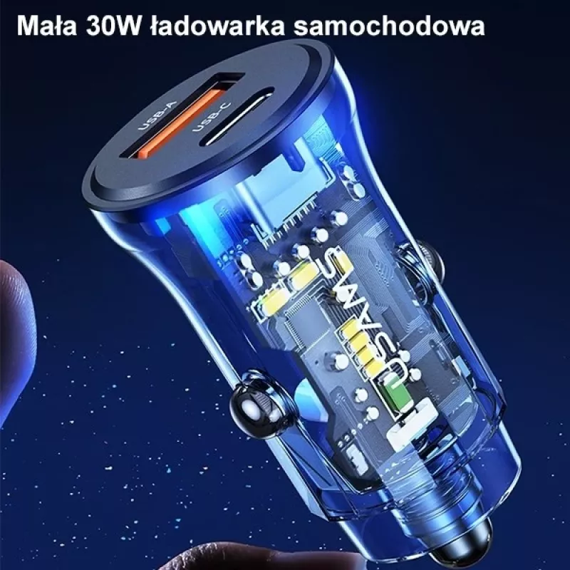 Ładowarka samochodowa usams CC164CC01 30W z 1×USB-A i 1×USB-C do szybkiego ładowania