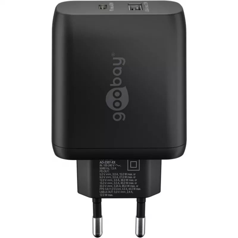 USB-C Dual-Fast Charger, PD, GaN, 65 W (czarny, 1x USB-C, 1x USB-A, Power Delivery)