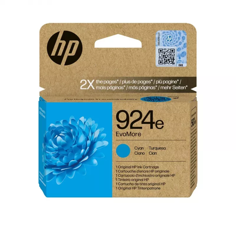 HP 924e EvoMore Cyan Oryginalny wkład atramentowy, wysoka wydajność (XL), cyjan, 1 szt., 800 stron, pojedyncze opakowanie