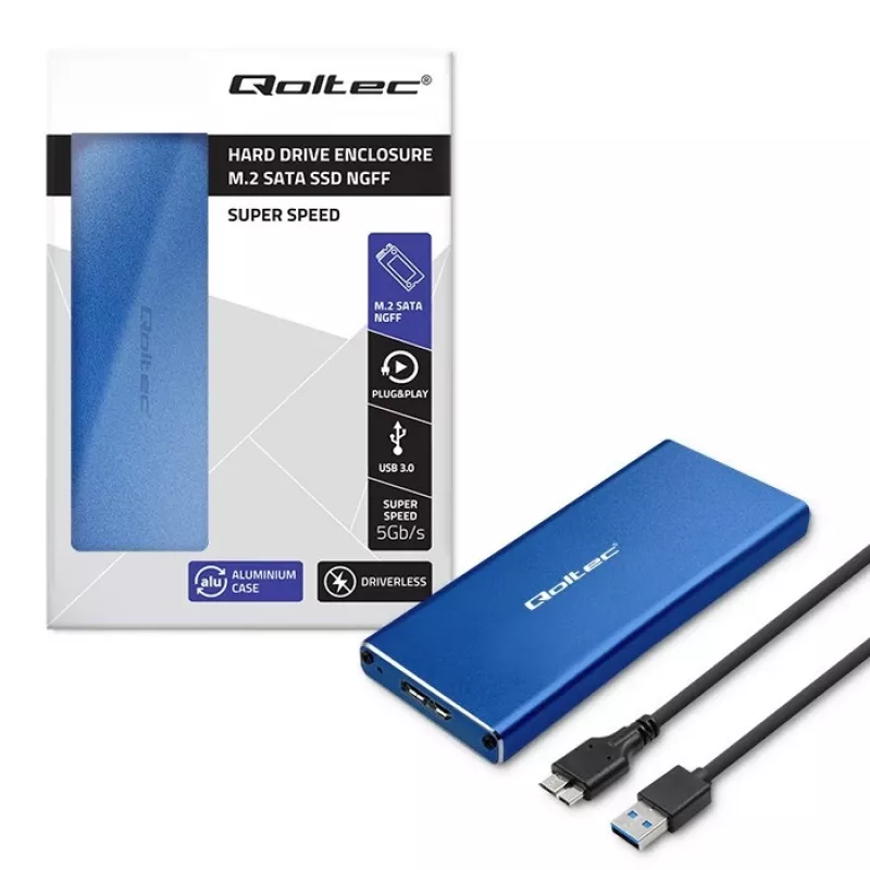 Obudowa SSD QOLTEC 51832 — zewnętrzna M.2 SATA, USB 3.0, do 2 TB, niebieska, obsługuje dyski 30 mm, 4 gniazda
