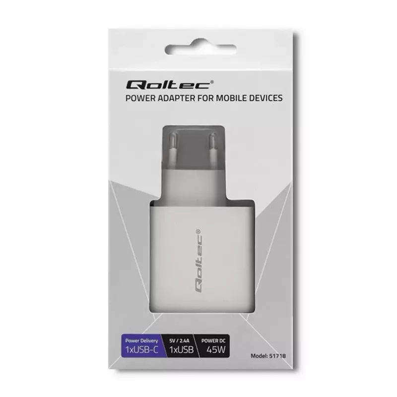 Qoltec 51718 Ładowarka | 45W | 5-20V | 2,4-3A | USB typu C PD | USB | Biała