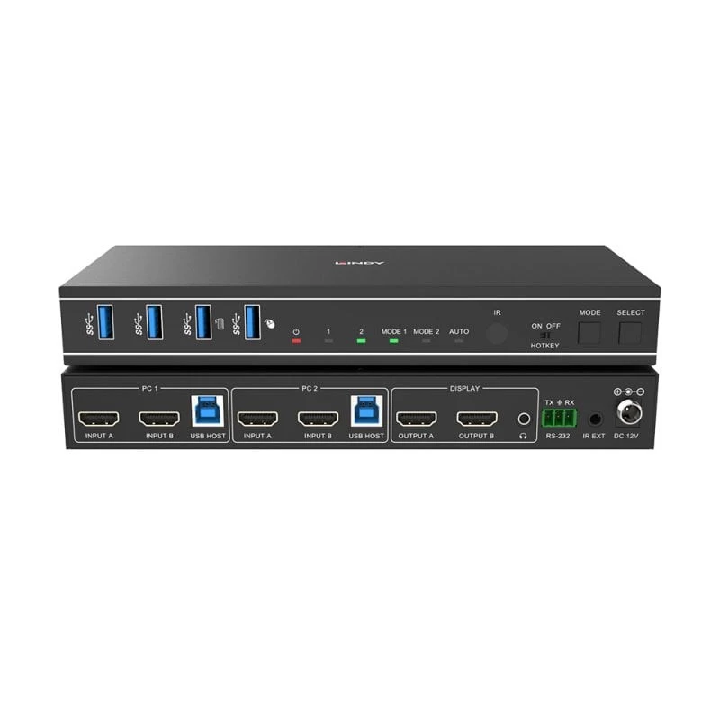 Lindy 2 Port Dual Head HDMI 4K60, USB 3.0 KVM Switch, 4096 x 2160 pikseli, 4K Ultra HD, Czarny
