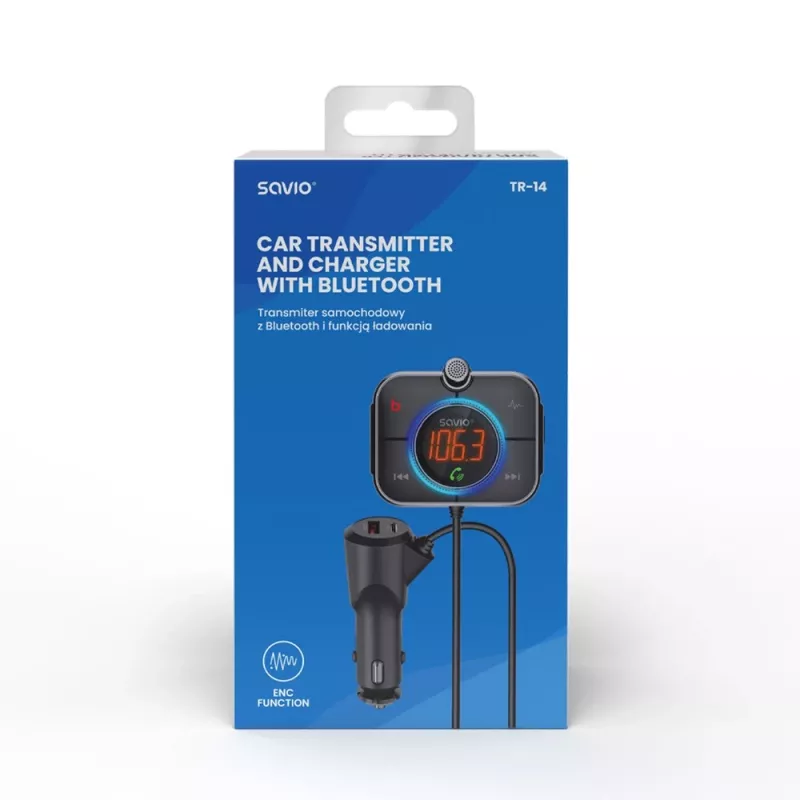 FM transmitter SAVIO TR-14 Bluetooth USB, FM 87.6–107.9 MHz, MicroSD, USB-C, 12 V car power