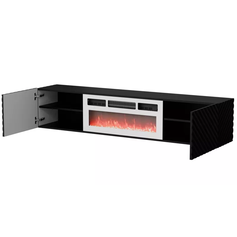 Cama szafka RTV LARA 183x35x37 czarny matowy + biały kominek