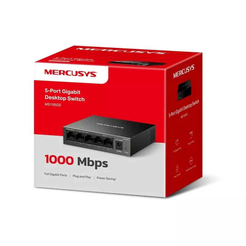 Mercusys MS105GS - Przełącznik biurkowy, 5 portów Gigabit, czarny