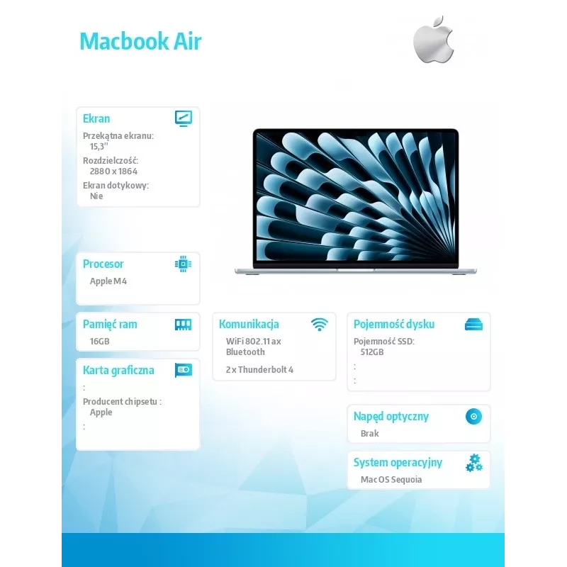 MacBook Air 15,3 cala: M4 10/10, 16GB, 512GB, 35W - Sky Blue - MC7A4ZE/A/D1