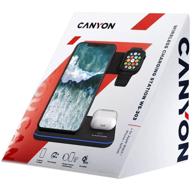 Stacja ładująca Canyon Wireless Charger Dock 3in1 QI dla Apple 15W czarna detal