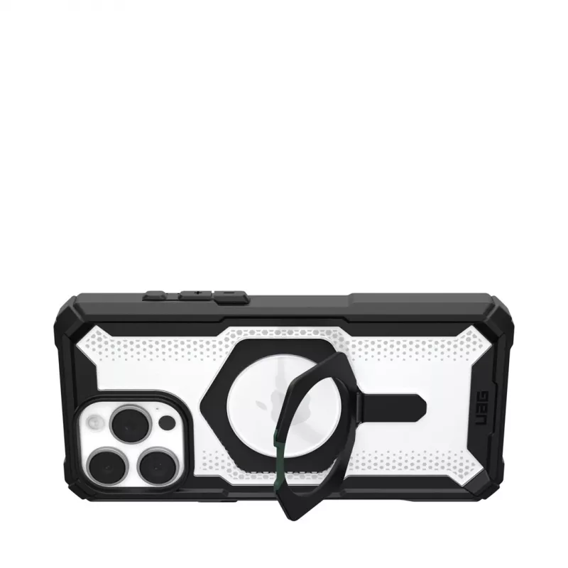 Etui Urban Armor Gear Plasma XTE na iPhone 16 Pro Max z maksymalnym rozmiarem ekranu 17,5 cm (6,9 cala). Czarno-przezroczysty design, metalowa nóżka, kompatybilność z MagSafe. Ochrona przed upadkami i zarysowaniami.