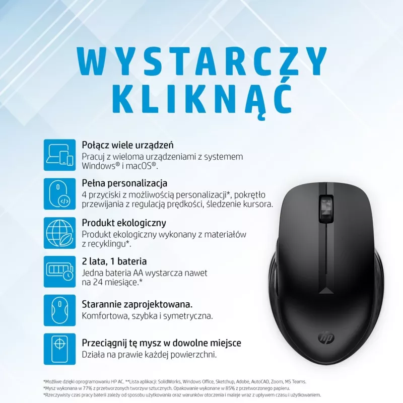 HP 435 Multi-Device Wireless mysz, symetryczna, RF Wireless + Bluetooth, 4000 DPI, czarny