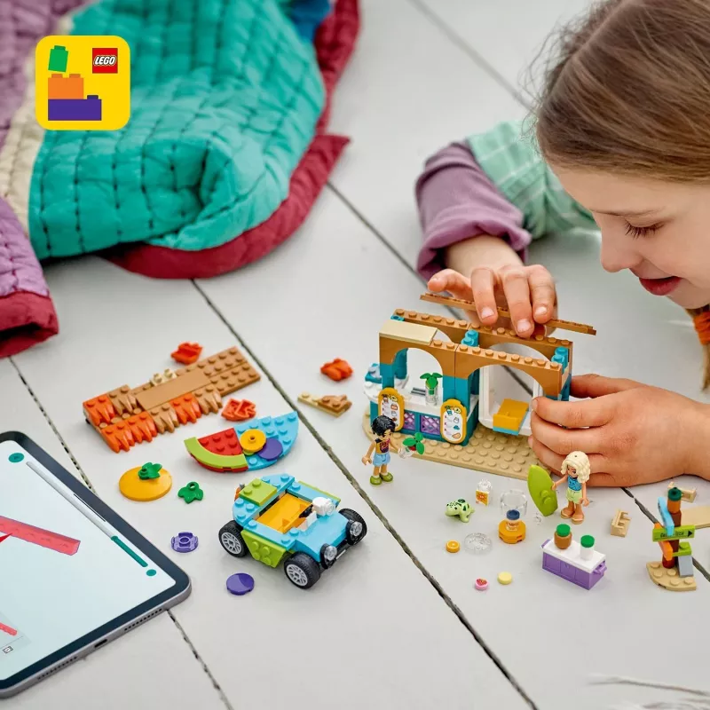 LEGO Friends Stoisko z koktajlami na plaży Zestaw do zabawy w jedzenie dla dzieci Prezent dla dziewczynek i chłopców od 6 lat z 2 minilaleczkami figurką żółwia i