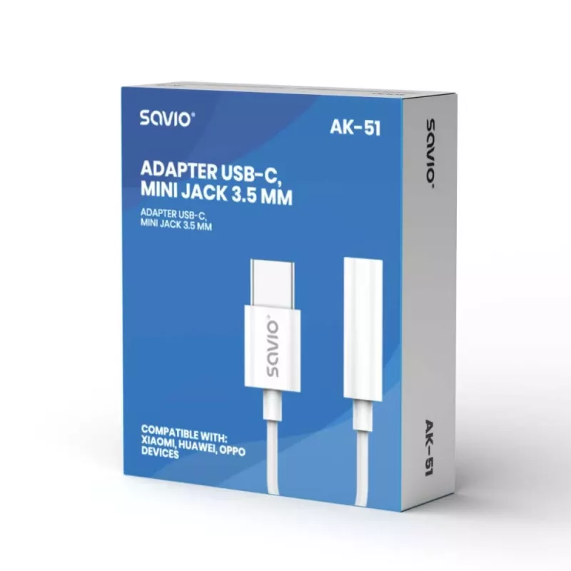Adapter audio USB Type 3.1 C (M) – Jack 3,5mm (F) Biały SAVIO AK-51