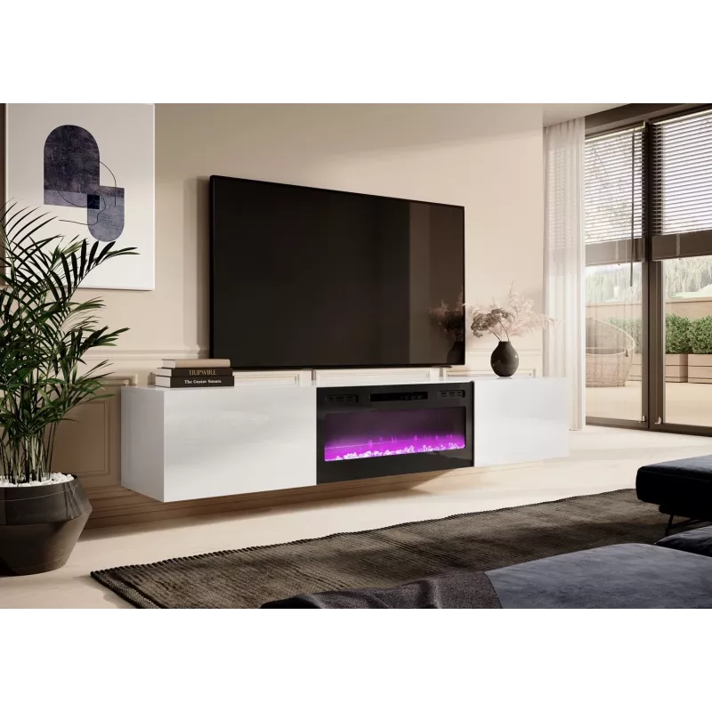 Szafka RTV Cama Meble SLIDE 200K z kominkiem elektrycznym 200x40x37 cm biały połysk