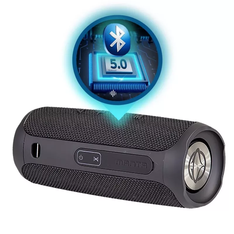 Głośnik przenośny MANTA SPK130GO BT — Bluetooth 5.0, TWS, FM, 10W RMS, akumulatorowy (czarny, 8×8×19 cm)
