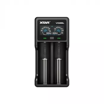 Ładowarka do akumulatorów XTAR VC2SL — USB 5 V 1 A, LCD, ładuje 2 ogniwa, kompatybilna z Li‑Ion/NiMH/NiCd, rozmiary A/AA/AAA/AAAA/C/D/SC, czarna