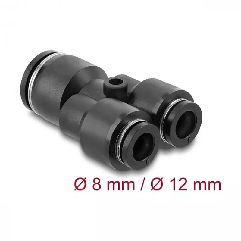 Złączka pneumatyczna typu Y DELOCK 2×8 mm na 1×12 mm z otworem montażowym, metal/tworzywo, gwint wewnętrzny, 50,5 mm