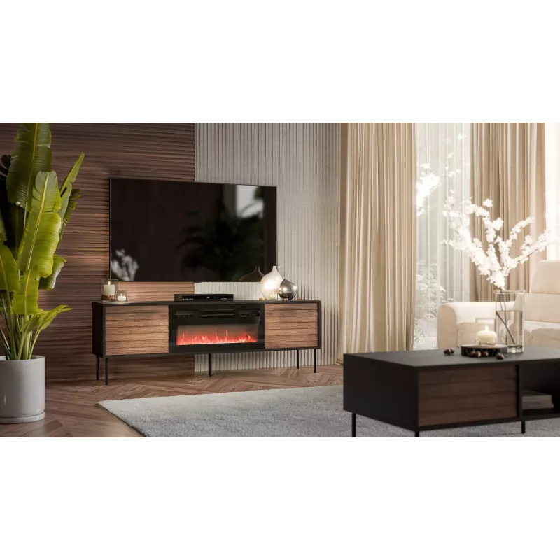 Szafka TV cama meble CORTINA 180x40x60 cm czarna/orzech z czarnym kominkiem elektrycznym