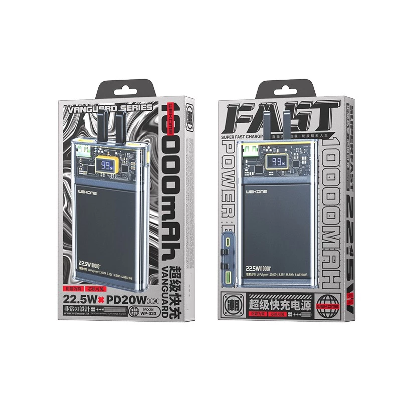 Powerbank WEKOME WK-WP-323 z serii Vanguard, 10000 mAh, wbudowany kabel USB-C i Lightning, PD 20 W + QC 22,5 W