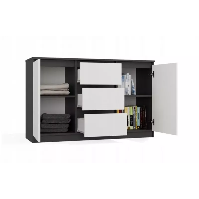Komoda 2 drzwi 3 szuflady top e shop M-MP-K-MAL-2D3S-ANTBIA — rama antracytowa, białe drzwi, 1200×750×400 mm