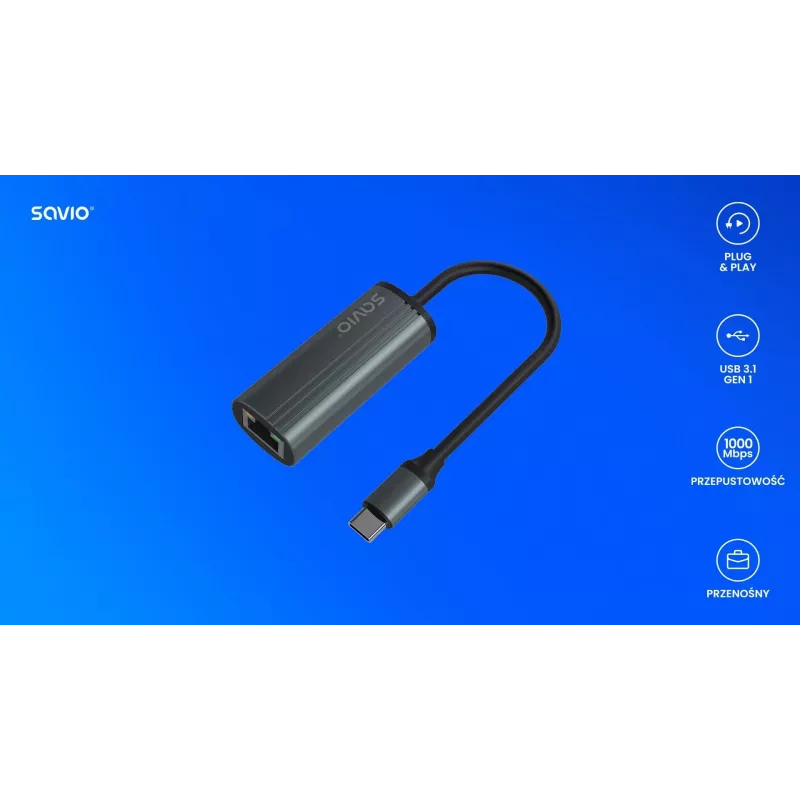 SAVIO Adapter USB-C 3.1 Gen.1 (M) na RJ-45 Gigabit Ethernet (F), 1000 Mbps, AK-56, szary