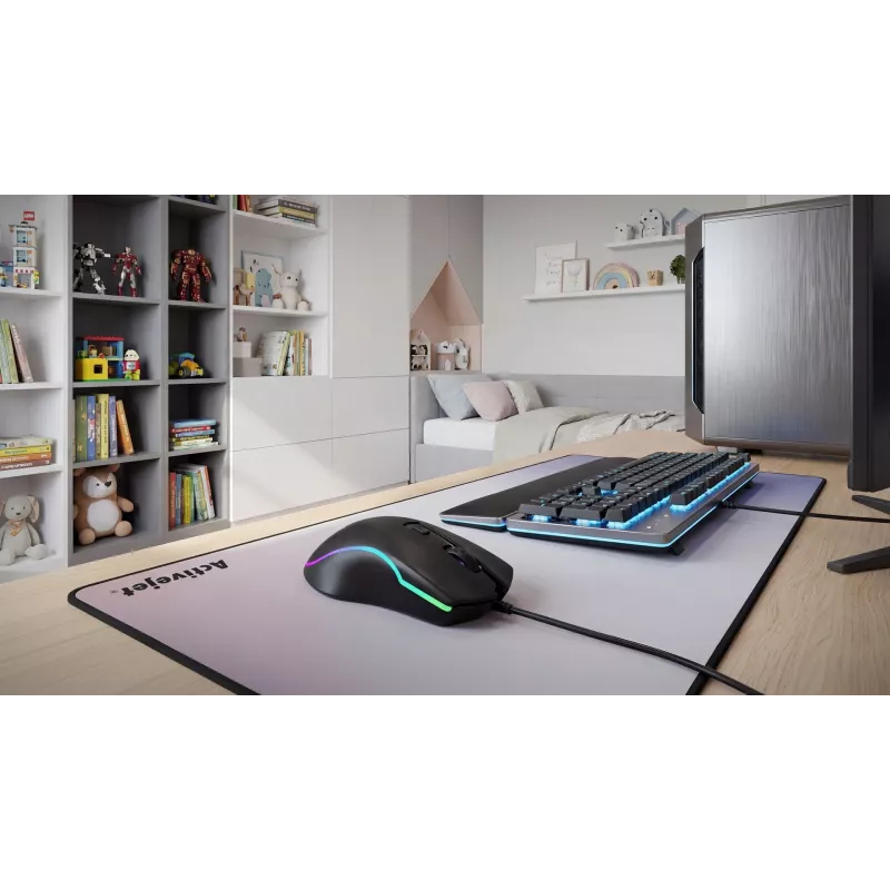 Przewodowa podgrzewana mysz gamingowa ActiveJet AMY-W390 — symetryczna, optyczna 2000 DPI, USB typu A, 4 przyciski, czarna