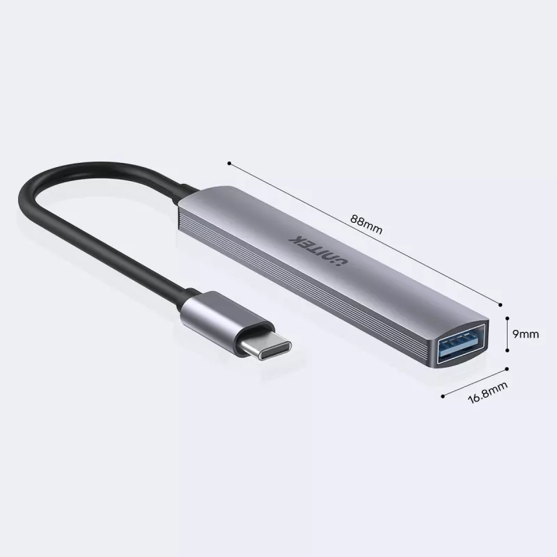 Hub USB-C Unitek H1208B — 1x USB-A 5 Gb/s, 3x USB-A 2.0, host USB-C, obudowa aluminiowa, kabel 0,20 m