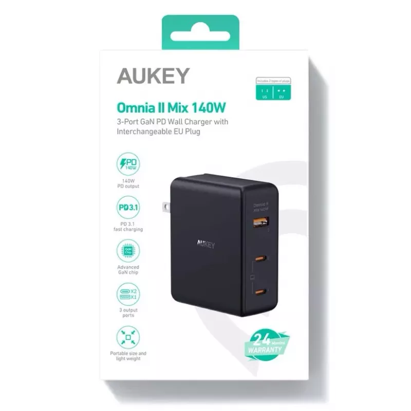 Ładowarka sieciowa Aukey PA-B7O, 3×USB, technologia GaN