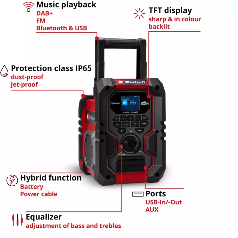 Przenośne radio EINHELL TE-CR 18 Li DAB+ FM Bluetooth USB, zasilane bateriami (kompatybilne z TE-CR 18 Li)