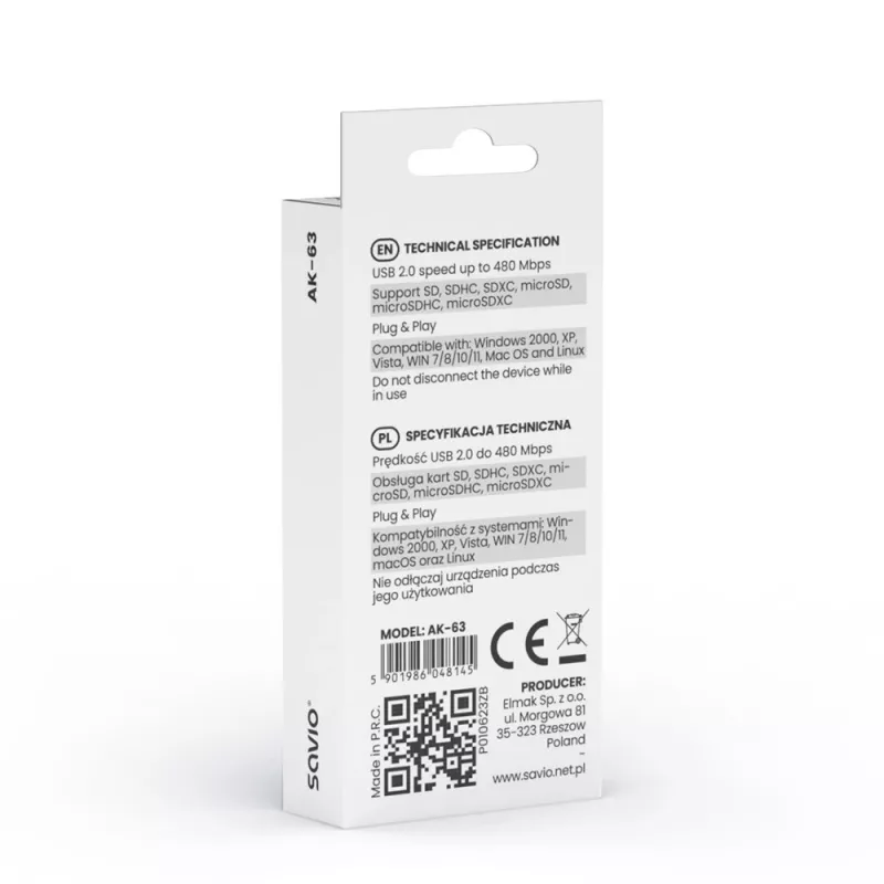 Czytnik Kart SD, USB 2.0, 480 Mbps, AK-63 Savio SAVAK-63