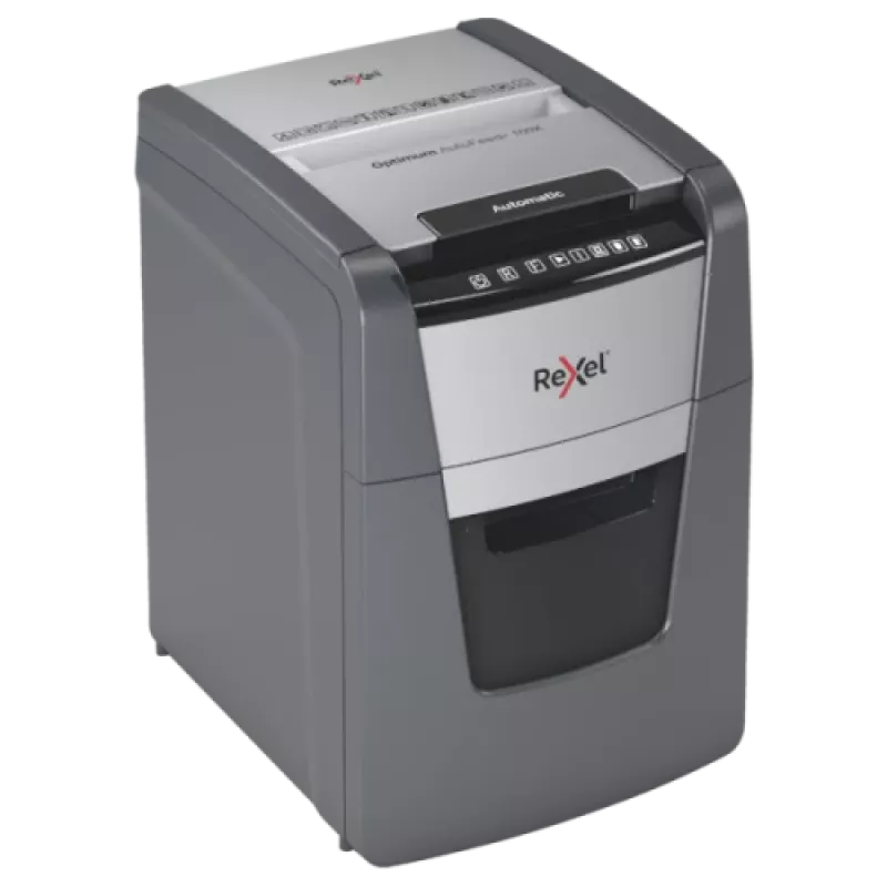 Niszczarka do papieru REXEL Optimum AutoFeed+ 100X — automatyczne podawanie 100 arkuszy, cięcie krzyżowe 4 x 28 mm, kosz 34 L, aluminium