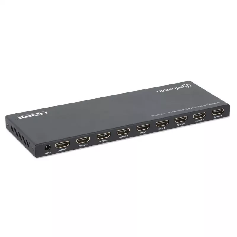 Manhattan 4K@60Hz 8-portowy rozdzielacz HDMI ze skalowaniem w dół, rozdziela jedno wejście HDMI na osiem wyjść HDMI (1x8), 18G, przełącznik EDID do skalowania w dół, czarny