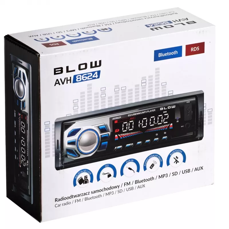 Radio samochodowe BLOW AVH-8624 — FM RDS, 45W RMS, Bluetooth, USB, MicroSD, AUX, wyświetlacz LCD, pilot, czarne
