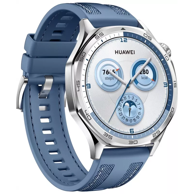 Smartwatch HUAWEI WATCH GT5 46mm — 1,43 cala AMOLED, GPS, 524 mAh, koperta ze stali nierdzewnej, niebieski pleciony pasek
