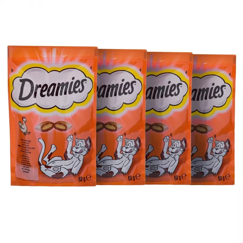 Przysmaki dla kota Dreamies ser, kurczak, łosoś zestaw 12×60 g — mięsne stałe przekąski, białko 31%, tłuszcz 21%