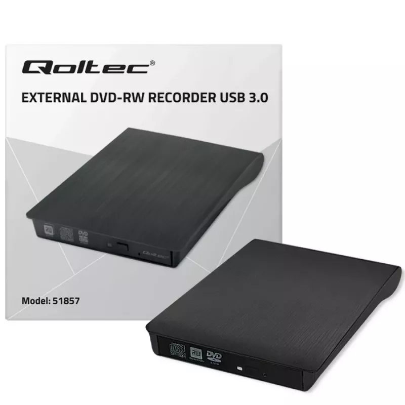 Zewnętrzny napęd DVD‑RW QOLTEC 51857 — USB 3.0, interfejs SATA, DVD±R 8x, DVD±RW 4x, DVD‑RAM 5x, CD 24x, czarny