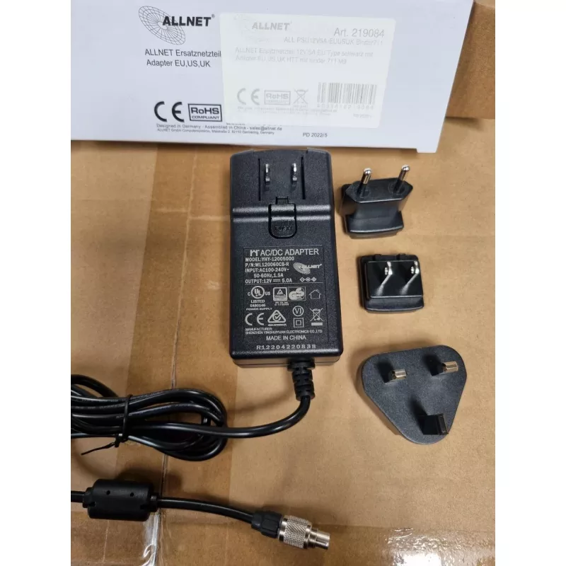 Zasilacz ALLNET ALL-PSU12V5A-EUUSUK-Binder711 12V 5A ze złączem Binder 7/11 (wtyczki EU/US/UK)