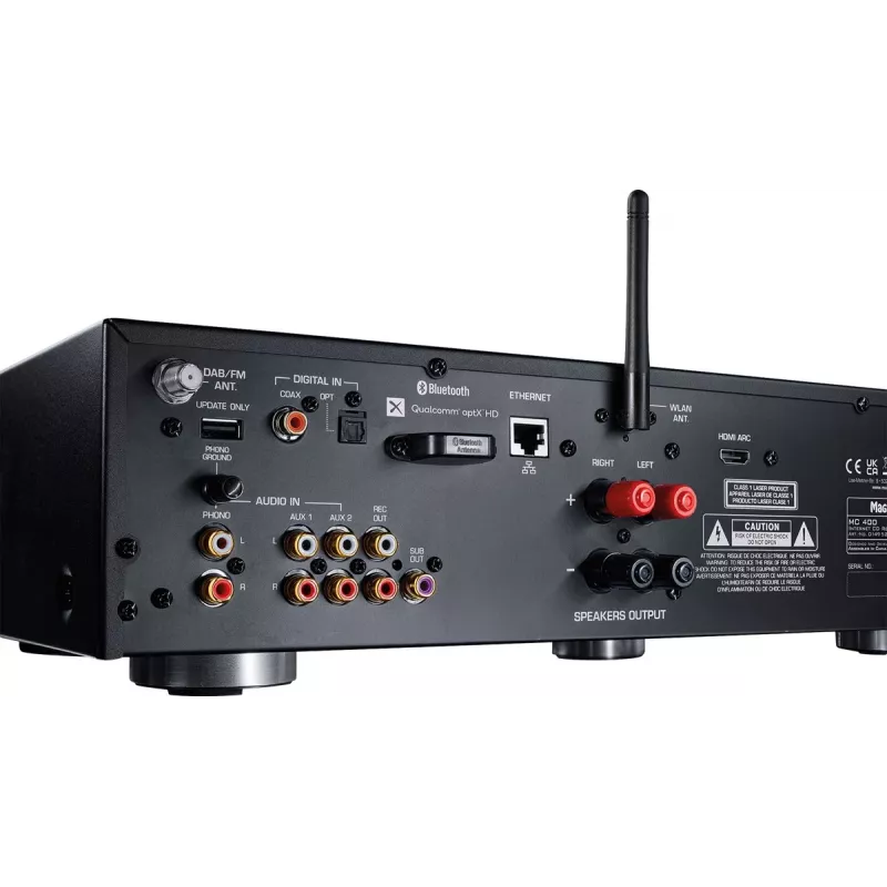 Odbiornik stereo Magnat MC 400 — 2.0 kanałów, 40 W na kanał, odtwarzacz CD, Wi‑Fi, Bluetooth, DAB/FM, Ethernet (czarny)