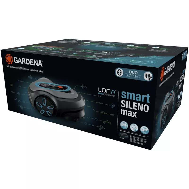 Robotic lawn mower GARDENA smart SILENO max — 1500 m², 16 cm cutting width, bateria, LONA navigation, szary