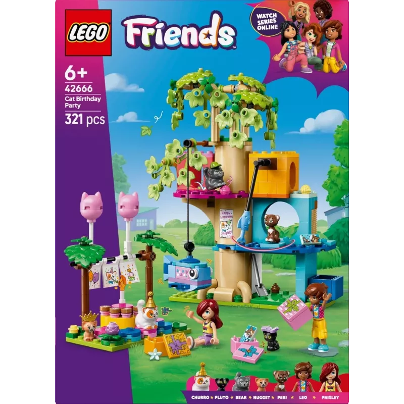 Zestaw konstrukcyjny LEGO Friends 42666 Domek na drzewie – kocie urodziny, 321 elementów, 6+, 180×160×100 mm