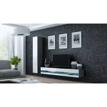 Stolik pod TV Cama Meble VIGO NEW 30/140/40 — 1400×400×300 mm, szary blat, płyta wiórowa, szara rama, białe fronty na wysoki połysk